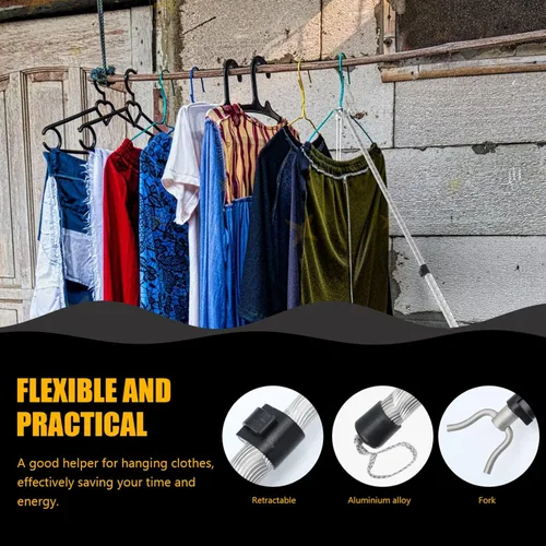 Miniatura 3 de Cabilock Barra de secado de ropa retráctil de aleación de aluminio telescópica con diseño de tenedor para colgar fácilmente para el hogar y uso