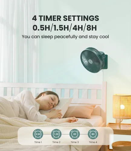 Miniatura 6 de LEMOISTAR Ventilador de pared de 10 pulgadas con control remoto, oscilación de 90°, 4 velocidades, 4 temporizadores, inclinación ajustable, cable