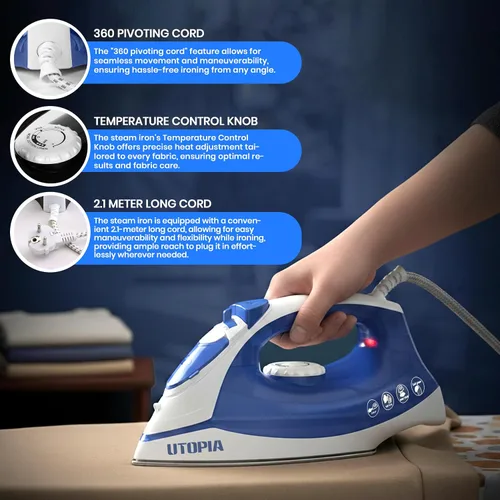 Miniatura 4 de Utopia Home Plancha de vapor para ropa con suela antiadherente, plancha de ropa de 1200 W con control de termostato ajustable, protección
