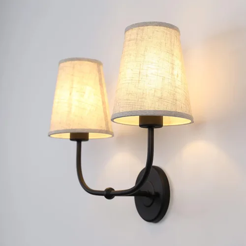 Miniatura 5 de Apliques de pared de 2 luces con embudo de tela de lino, lámparas de pared de doble luz para dormitorio, sala de estar, tocador, baño, pasillo, Negro