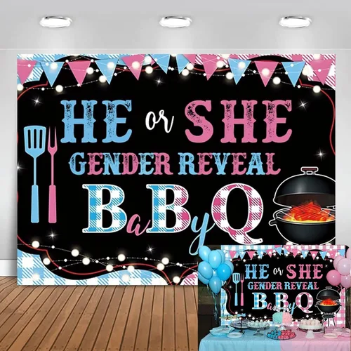 Miniatura 8 de Yeele Telón de fondo para revelación de género de bebé de 5 x 3 pies con texto en inglés "He or she Baby Shower Baby Shower Pink Blue Fotografía