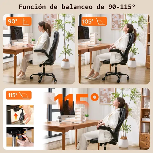 Miniatura 4 de Silla de escritorio de oficina, silla ergonómica para computadora con brazos abatibles acolchados y soporte lumbar ajustable, silla ejecutiva