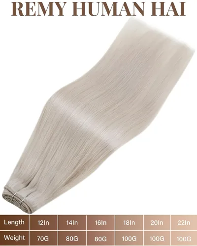 Miniatura 7 de Hetto - Extensiones de cabello humano de trama color rubio platino, 12 pulgadas, 2.47 onzas, #60 Coser en trama, volumen natural diario, suave