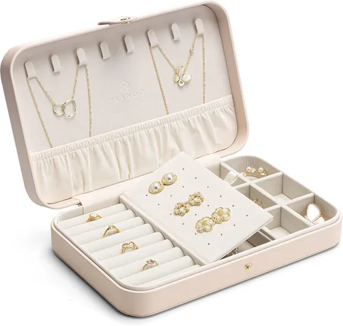 Vlando Joyero de viaje para mujer, organizador de joyas de cuero portátil, para collares, aretes, anillos, pulseras, tamaño pequeño, regalos para