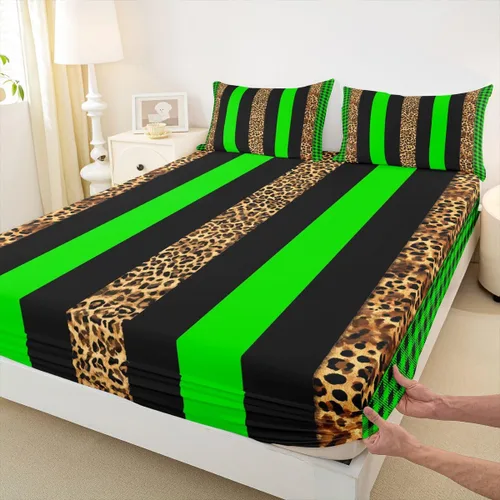 Miniatura 19 de Manfei Leopard Print Fitted Sheet Twin Size,Blue Brown Black Stripes Bedding Set 2pcs,Wild Animal Cheetah Skin Bed Sheets with 1 Pillowcase,Kids