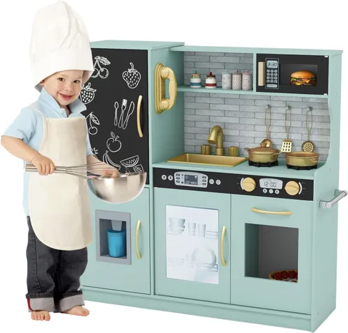 Juego de cocina, juguete de cocina de madera para niños con microondas, nevera, horno fácil de hornear, pizarra y máquina de hielo, juguetes de Verde