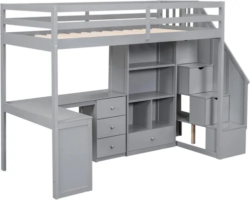 Miniatura 6 de Cama tipo loft de tamaño individual con escritorio en forma de L y 3 cajones, marco de cama de madera con escalera y armario de almacenamiento