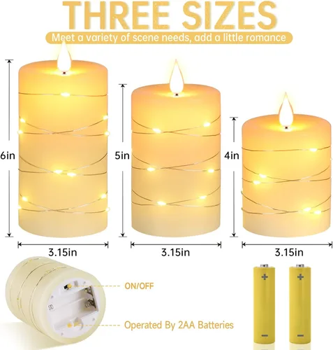 Miniatura 6 de Da by Velas sin llama con tira de luces, velas que funcionan con pilas, velas LED parpadeantes con control remoto y temporizador, cera real, paquete