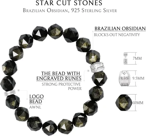 Miniatura 5 de AWNL Pulsera de cuentas para hombre con dije de plata de ley de 0.394 pulgadas (0.394 in) de oro, obsidiana y ojo de tigre natural, regalo