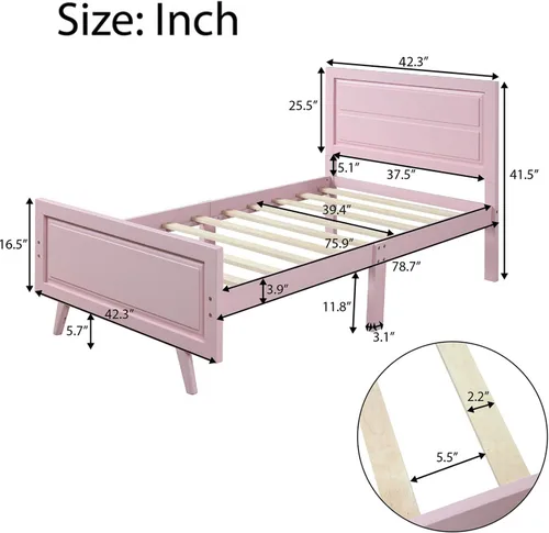Miniatura 2 de Base de cama individual de madera con cabecera, estribo, plataforma moderna, base de colchón con soporte de listones de madera, sin ruido,