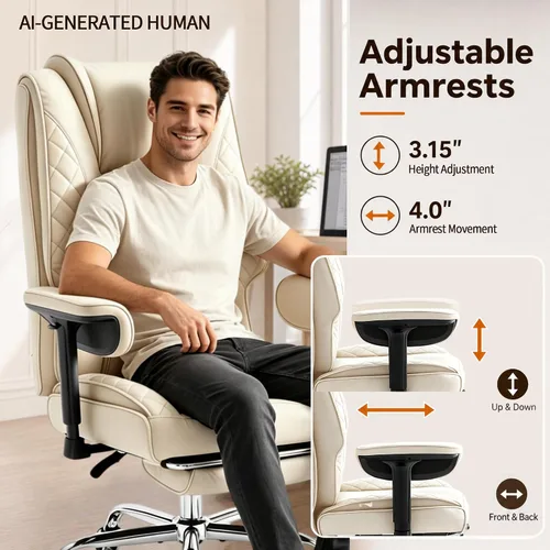 Miniatura 7 de Big and Tall Office Chair and High Back with Heavy Duty Wide Executive Office Chair with Foot Rest, Adjustable Armrests (Beige)