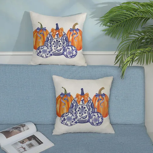 Miniatura 4 de Juego de 2 fundas de almohada de otoño de 16 x 16 pulgadas, diseño de calabaza azul y naranja, decoración de Acción de Gracias, decoración de otoño