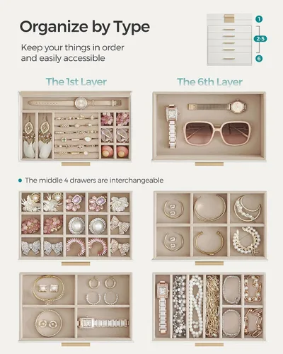 Miniatura 3 de SONGMICS UJBC171W01 - Joyero con tapa de cristal, organizador de joyas de 6 capas con 5 cajones, para gafas de sol y joyas grandes, almacenamiento