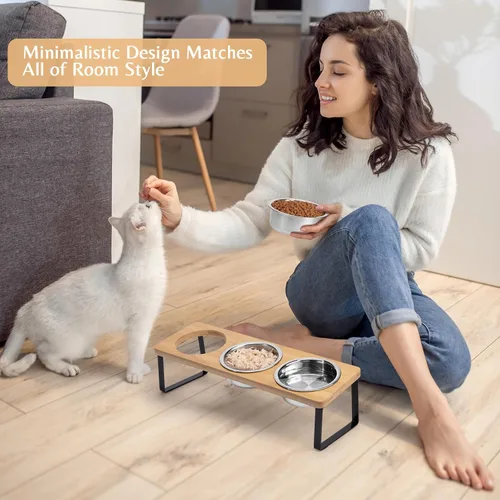 Miniatura 7 de Tazones elevados para alimentos y agua para gatos – Comedero elevado de acero inoxidable con 3 cuencos inclinados de 15°, con soporte de bambú