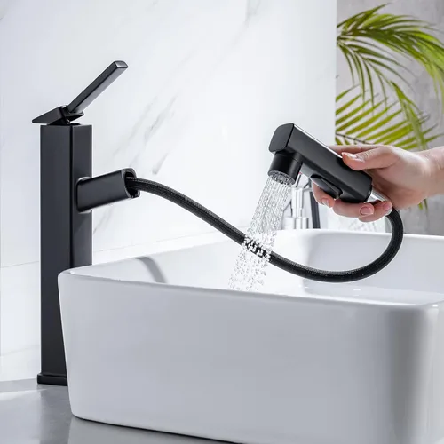 Miniatura 9 de HANLIAN Grifo extraíble de baño de un solo orificio con boquilla giratoria, grifo de una manija para lavabo de baño, grifo de baño moderno con Cromo