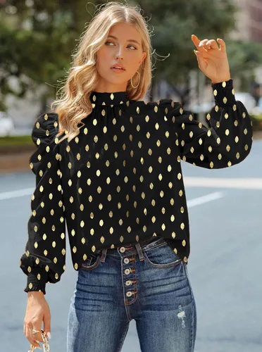 Miniatura 3 de Remidoo Blusa de manga abombada con cuello alto falso y estampado de leopardo para mujer