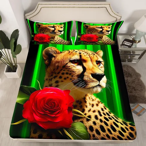 Miniatura 29 de Erosebridal Juego de sábanas bajeras de rosas rojas y leopardo, tamaño individual, diseño de animales africanos salvajes, diseño de plantas