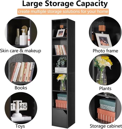 Miniatura 6 de IBUYKE Estantería estrecha de 6 niveles con puertas, gabinete de almacenamiento en cubo, CD y DVD, estante delgado de torre multimedia, gabinete