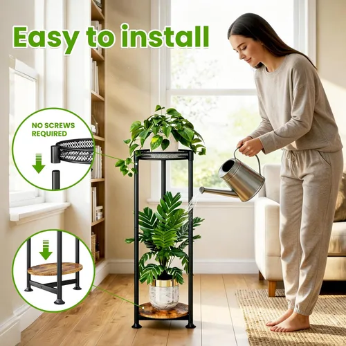 Miniatura 5 de Soporte negro de 2 niveles para plantas en interiores, 30 pulgadas de alto, estante de esquina de metal resistente para plantas estrechas para piso
