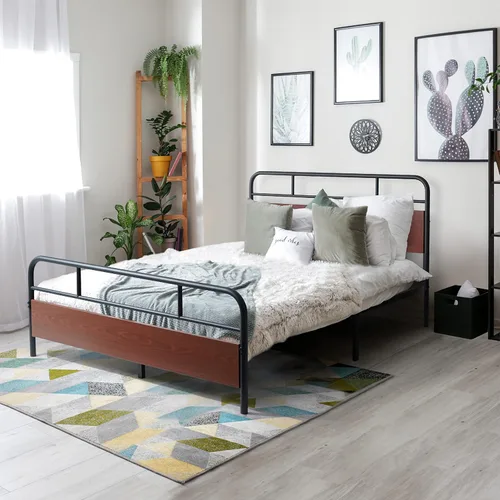 Miniatura 10 de CAPHAUS Base de cama de metal con cabecera y estribo de madera, plataforma de metal con marco de acero de primera calidad, base de colchón, sin