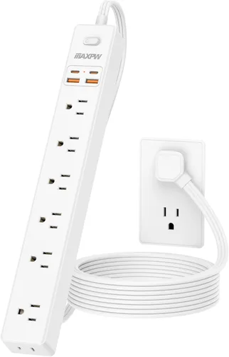 Miniatura 8 de Regleta protectora contra sobretensiones de 10 pies, 7 tomacorrientes, 4 puertos USB (2 USB C), cable de extensión plano ultrafino y enchufe plano