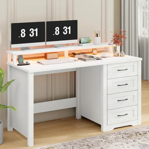 Miniatura 10 de Vabches 47" Farmhouse Executive Desk with Monitor Stand & File Cabinet,3 Drawers Computer Desk with LED Lights and Power Outlets,Workstation for