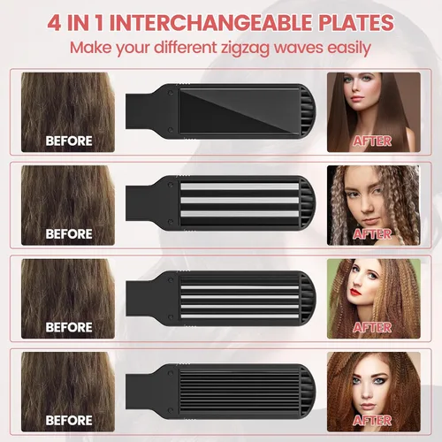 Miniatura 6 de Crimpadora de cabello para mujer, herramienta de cerámica para el cabello con placas de prensado planas 4 en 1, calentamiento rápido de 15 segundos