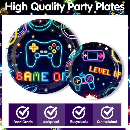 Miniatura 3 de 96 platos de fiesta de videojuegos, suministros de neón para fiestas, decoraciones de vajilla que brillan en la oscuridad, platos de papel