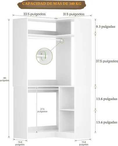 Miniatura 7 de Aheaplus - Sistema de armario de esquina con estantes, organizador de 34'' con varillas para colgar, de madera para espacios pequeños, torre Blanco