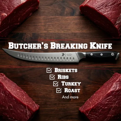 Miniatura 4 de KITCHEN PERFECTION - Cuchillo carnicero de 10" para corte y recorte de carne - Cuchillo cimitarra ultra afilado para trocear y rebanar con funda