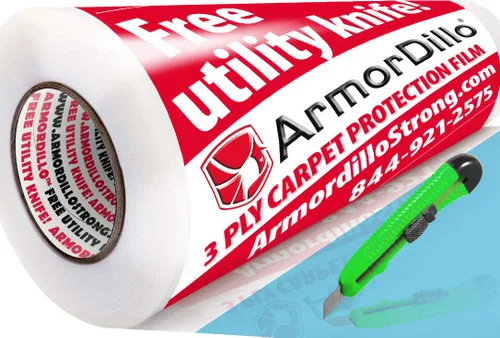 ArmorDillo. ¿Por qué no utilizarías solo una película de alfombra con fácil arranque? Cuchillo utilitario gratis, 3 mil, polietileno de 3 capas,