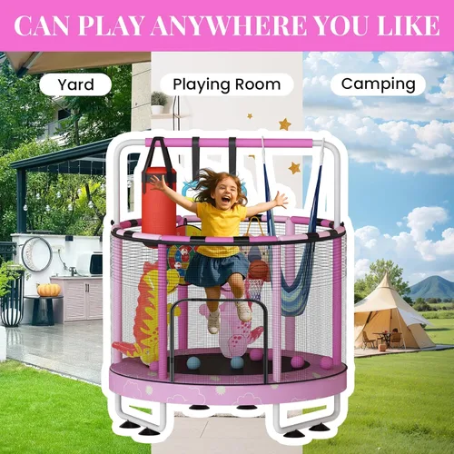 Miniatura 2 de LAMERGE Trampolín redondo 7 en 1 de 55 pulgadas para niños y niñas de 1 a 8 años, trampolín para interiores y exteriores para diversión, barandilla