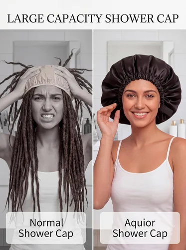 Miniatura 4 de Aquior Gorro de ducha para mujer, extra ajustable, doble capa, impermeable, reutilizable, gorra de pelo de tamaño grande para todo el cabello