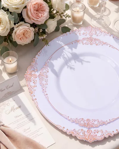 Miniatura 3 de Morejoy 100 platos de plástico, desechables, platos de postre de oro blanco y rosa de 7.5 pulgadas para bodas, fiestas y duchas rosa y oro
