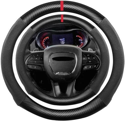 Miniatura 31 de Funda de volante de ante con fibra de carbono de K LAKEY, compatible con Porsche 718 Boxster Cayman 911 Panamera Macan Cayenne de 15 pulgadas, cuero