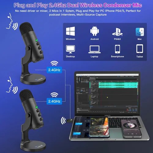 Miniatura 2 de ZealSound Micrófono de podcast, paquete de equipo de podcast para iPhone, PC, iPad Android, micrófono USB inalámbrico dual de 2.4 GHz con reducción