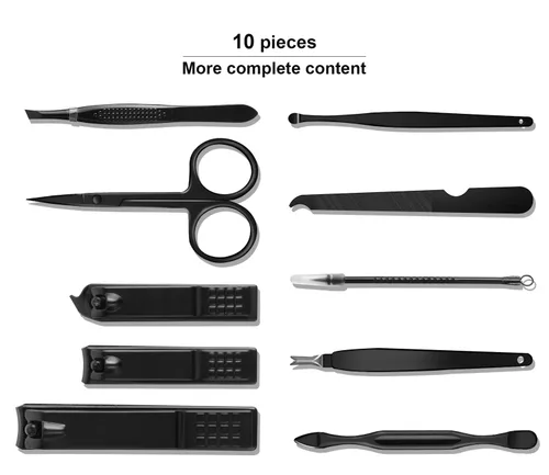 Miniatura 3 de Juego de manicura, mini cortaúñas de viaje, kit de herramientas de cuidado de pedicura, 10 piezas de acero inoxidable kit de aseo (negro)