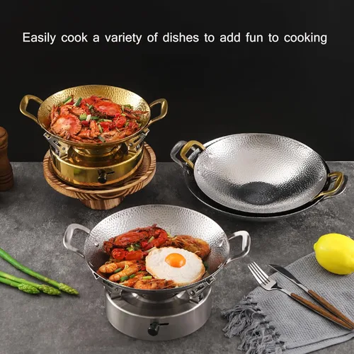 Miniatura 2 de SVRITE Sartén de acero inoxidable para paellas, sin recubrimiento, antiadherente, de 8, 9, 10, 11 pulgadas, sartén pequeña para fideos con doble