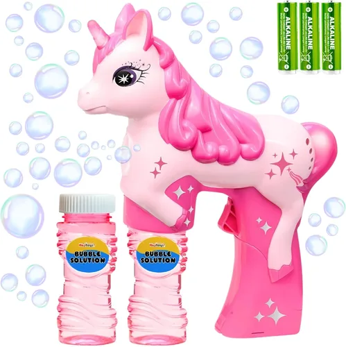 Pistola de burbujas de unicornio rosa para niños, juguete soplador automático de burbujas | Lindo lanzador de burbujas para niños pequeños, niños y