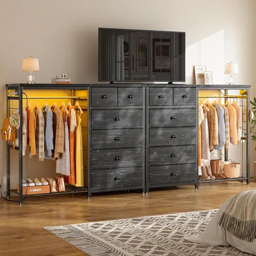 Miniatura 5 de EnHomee Cómoda de 49.2" de ancho para dormitorio con perchero colgante, 6 cajones, cómoda con luces LED y estación de carga, aparadores de tela