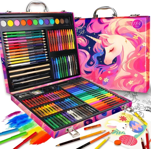 Miniatura 9 de Cokiki Kit de arte de 184 piezas para niños de 6 a 12 años, juego de dibujo definitivo con pasteles al óleo, crayones, pasteles de acuarela y bloc