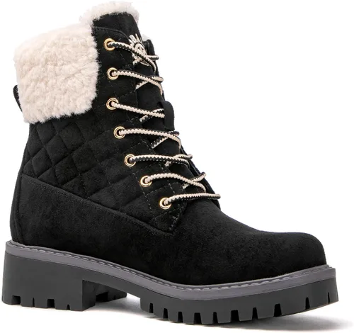 Miniatura 3 de GLOBALWIN Botas de tobillo acolchadas para mujer, botas de combate de moda, con cordones, tacón bajo, botines de piel cálida para mujer