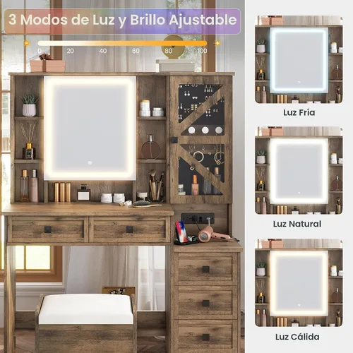 Miniatura 4 de AOGLLATI Escritorio de tocador de granja con espejo y luces, juego de tocador de maquillaje con luces, armario de joyería y 5 cajones, mesa