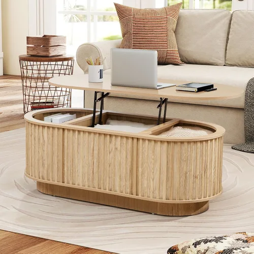 Miniatura 10 de Mesa de Centro Ovalada con Tapa Elevable y Almacenamiento, 43.3" Mesa Central Moderna de Mediados de Siglo con Compartimento Oculto, Mesa de Comedor