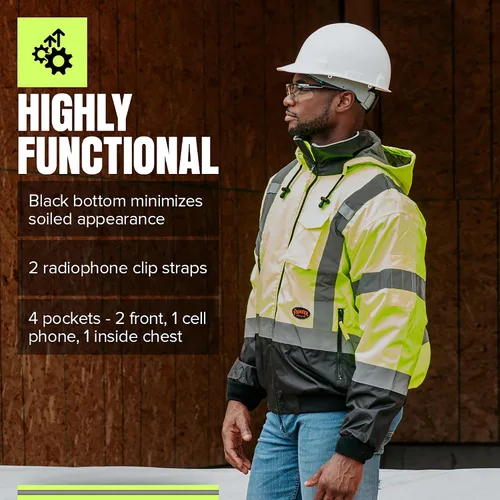Miniatura 6 de Pioneer Hi Vis Work Jacket for Men - Waterproof Safety Bomber with Reflective Tape- Meets ANSI Class 3 - Winter Rain Jacket with Detachable Hood