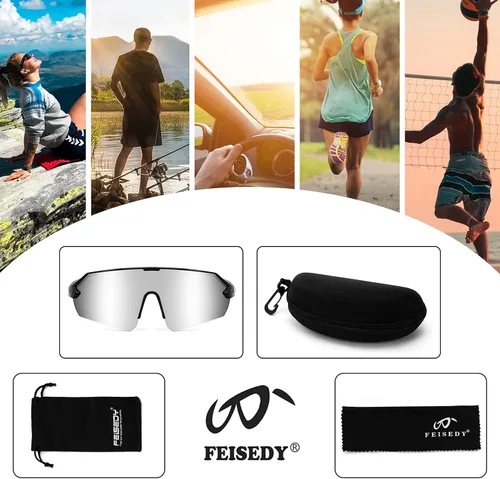Miniatura 6 de FEISEDY Gafas de sol deportivas para hombres y mujeres, protección UV400 al aire libre, ciclismo, conducción, pesca, B2987 004 Negro Lente Espejo