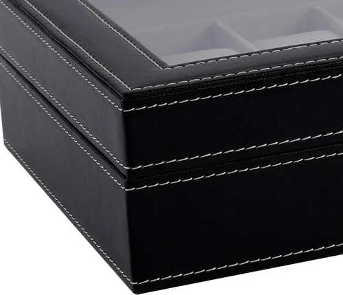 Miniatura 9 de Caja de reloj con 12 ranuras para reloj, organizador con parte superior de cristal, caja de almacenamiento de reloj negra para hombres y mujeres