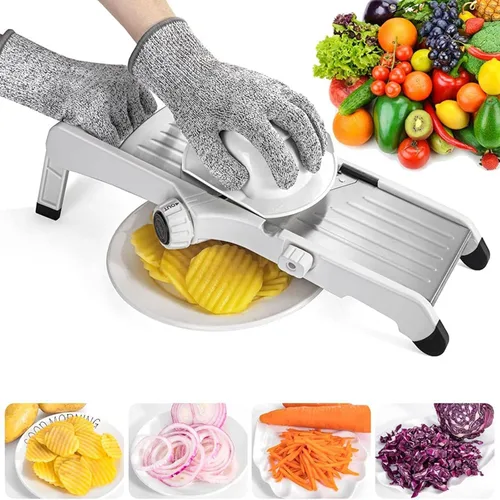 VEKAYA Cortadora de mandolina para cocina, rebanadora de vegetales profesional de acero inoxidable con grosor ajustable, guantes de seguridad y