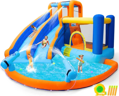 Miniatura 13 de JOYLDIAS Casa inflable de rebote para niños, parque acuático inflable de lujo resistente con toboganes dobles, pared de escalada, piscina y toldo
