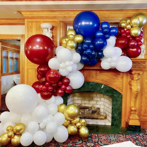 Miniatura 5 de Kit de arco de globos rojos, blancos y azules, guirnalda de globos dorados metálicos con globos de confeti para graduación, béisbol, patriótico